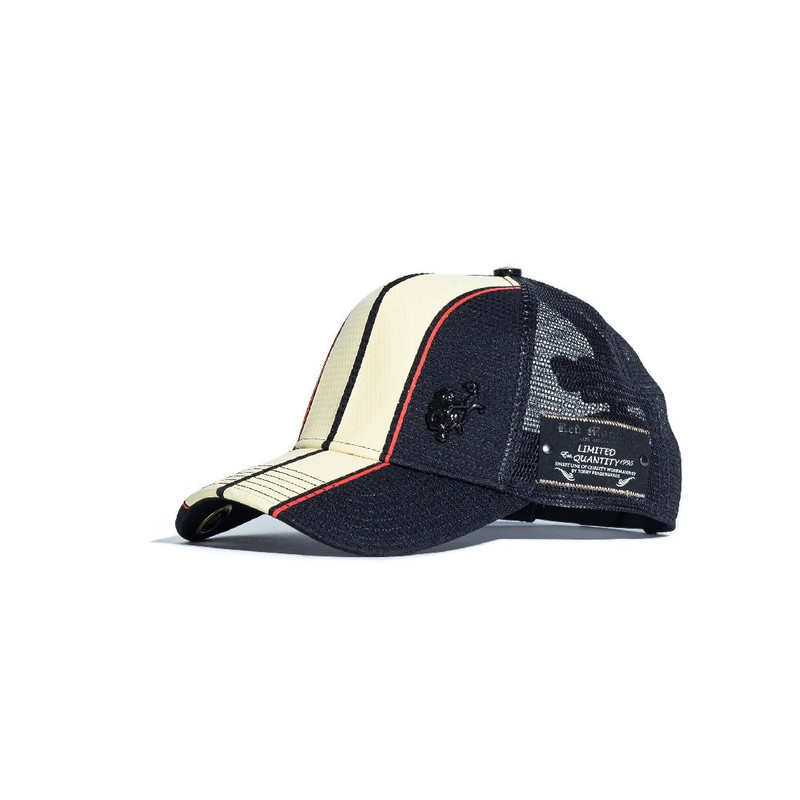 Red Monkey Racing Stripe Trucker Cap - Black & Khaki - قبعة